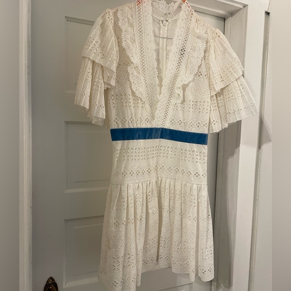 White lace Self Portrait mini lace with cute baby blue velvet detail